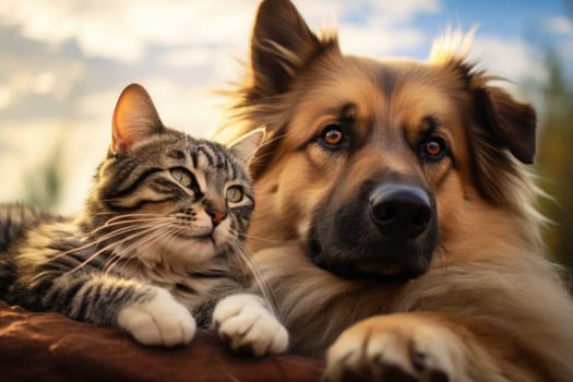 A dog and a cat lying down together, low angle shot, AI Generative.