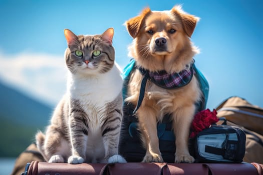 Happy dog and cat together in summer vocation travel, AI Generative.