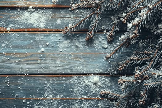Rustic wooden background with a winter scene and many wooden slats with copy space.