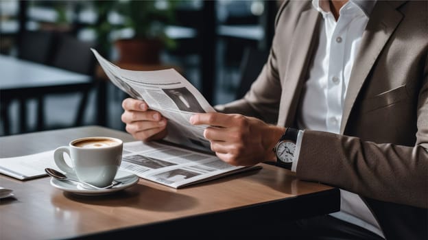 Man relaxing with coffee and newspaper, AI Generative.
