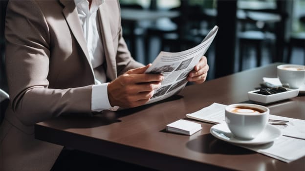 Man relaxing with coffee and newspaper, AI Generative.