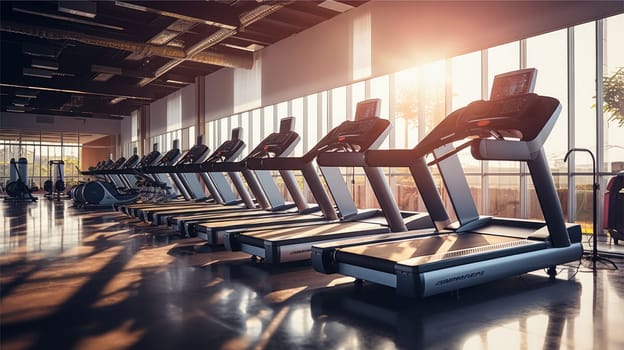 Modern light gym. Sports equipment in gym, AI Generative.