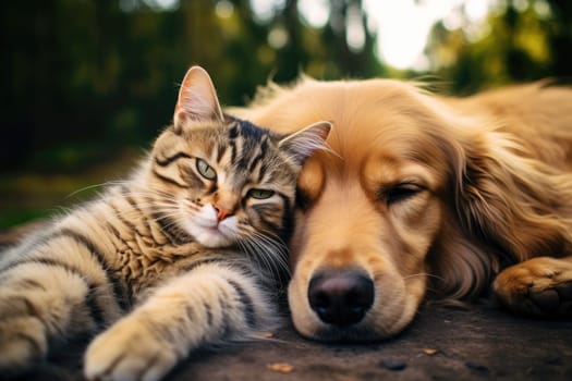 A dog and a cat lying down together, low angle shot, AI Generative.