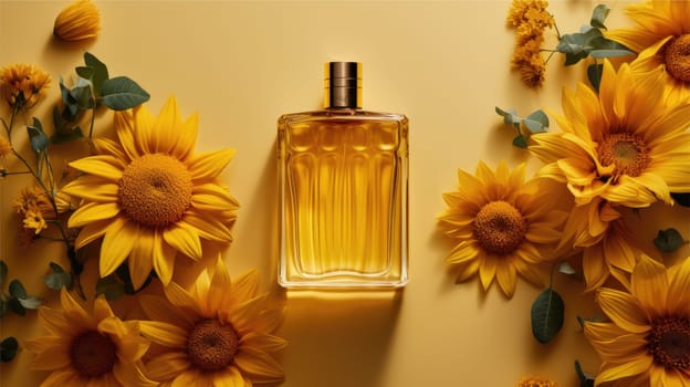 Mockup Perfume bottle with flower minimalism texture photography, Showcase Product, AI Generative.