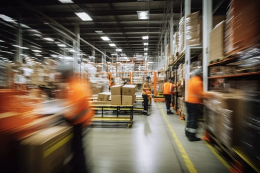 Blurred image of warehouse employees in action moving, AI Generative.