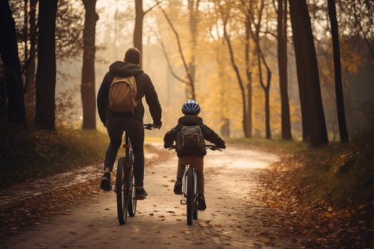 Rear view of a boy riding a bicycle whit his father next to him. AI Generative.