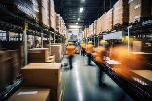 Blurred image of warehouse employees in action moving, AI Generative.