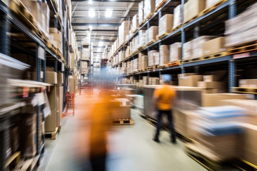 Blurred image of warehouse employees in action moving, AI Generative.