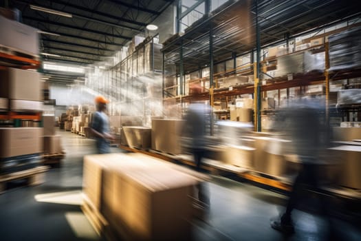 Blurred image of warehouse employees in action moving, AI Generative.