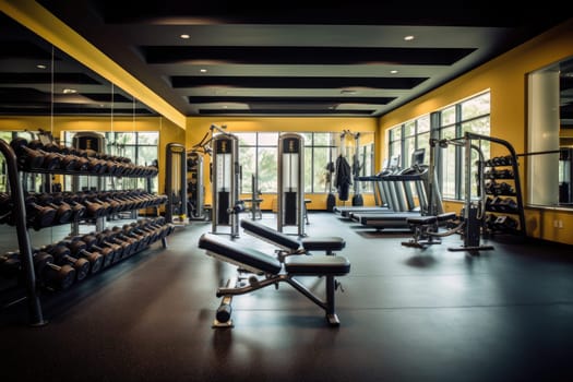 Modern light gym. Sports equipment in gym, AI Generative.