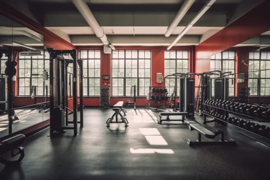 Modern light gym. Sports equipment in gym, AI Generative.