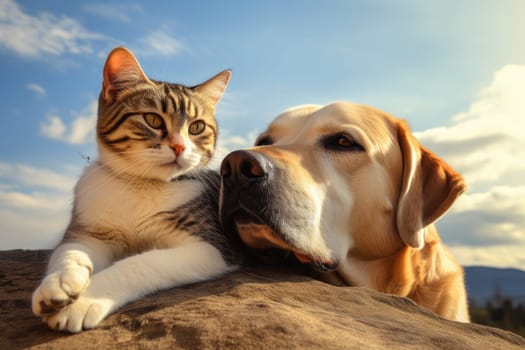 A dog and a cat lying down together, low angle shot, AI Generative.