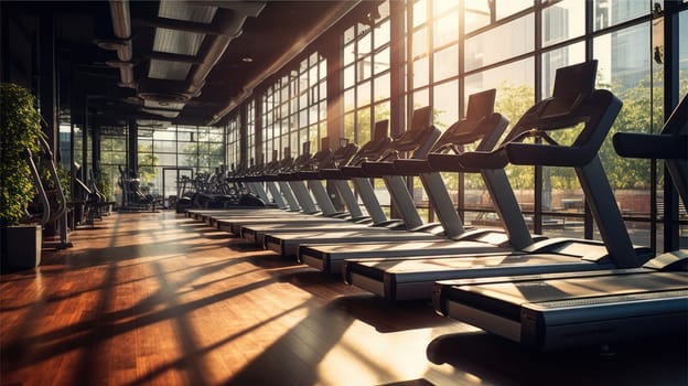 Modern light gym. Sports equipment in gym, AI Generative.