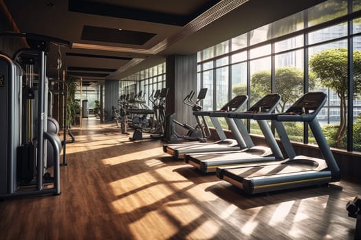 Modern light gym. Sports equipment in gym, AI Generative.