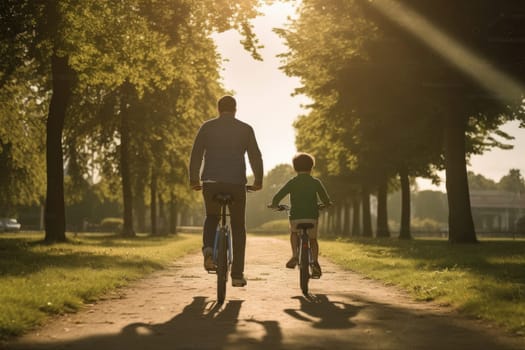 Rear view of a boy riding a bicycle whit his father next to him. AI Generative.