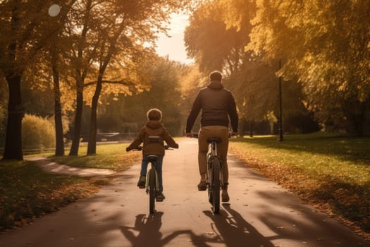 Rear view of a boy riding a bicycle whit his father next to him. AI Generative.