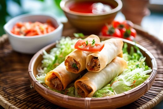 Delicious fried spring rolls served with fresh vegetables and dipping sauce.