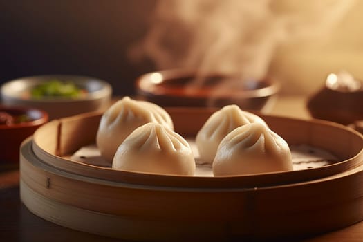 Steamed baozi dumplings chinese ansian food, bamboo steamer