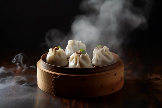 Steamed dumplings gyoza with meat in bamboo steamer with soy sauce on the side