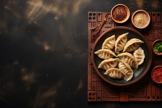 Steamed dumplings gyoza with meat in bamboo steamer with soy sauce on the side