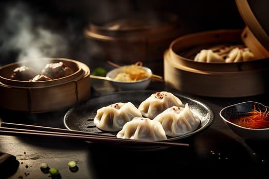 Steaming hot dim sum served in a traditional bamboo steamer
