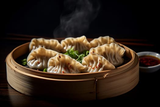 Steamed dumplings gyoza with meat in bamboo steamer with soy sauce on the side