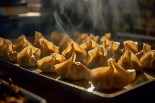 Cooked wonton dumplings with spicy sauce