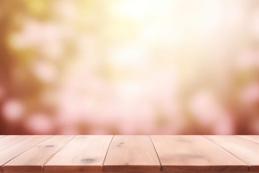 Blurred Green Nature: Wooden Table in the Summer Garden with Abstract Bokeh Background
