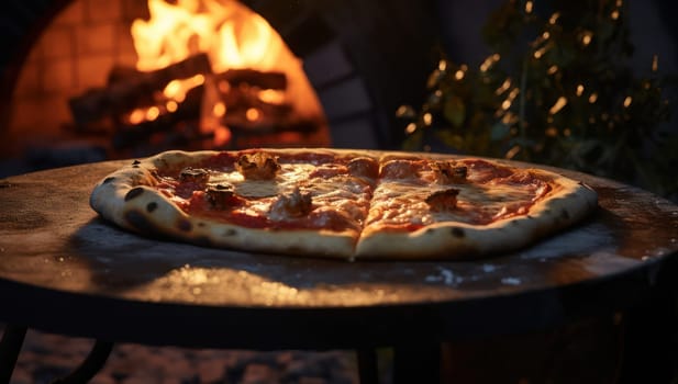 Hot, Delicious Pizza Cooked with Wood-Fired Oven: A Burst of Traditional Italian Flavors on a Brick-Red Crust