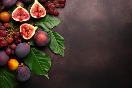Assortment of fresh figs, grapes, and leaves on a dark surface.