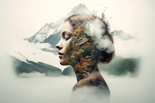 Nature's Abstract Reflection: A Creative Double Exposure Portrait of a Young Woman, with Multiple Conceptual Effects, Attractive and Artistic, against a Tranquil, White Background