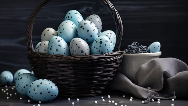 Colorful Easter Egg Basket on Rustic Wooden Table with Happy Spring Celebration Decorations and Seasonal Food, on Blue Background