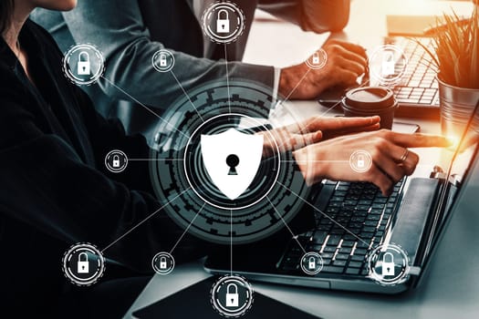 Cyber Security and Digital Data Protection Concept. Icon interface showing secure firewall technology for online data access defense against hacker, virus and insecure information for privacy. uds