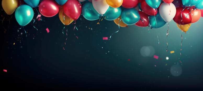 Colorful celebration balloons floating with shiny confetti in a festive atmosphere against a dark backdrop.