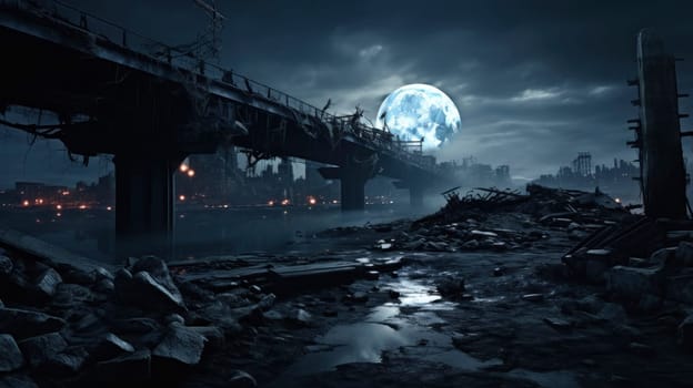 A dystopian view of a destroyed cityscape under a massive moon, conveying a sense of desolation and the aftermath of a catastrophe.