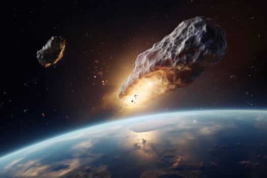 A photorealistic illustration of a large, fiery asteroid nearing Earth, depicting a moment of impending impact in space.