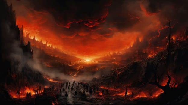 A dramatic apocalyptic scene depicting a volcanic eruption with molten lava and a crowd of silhouetted figures.