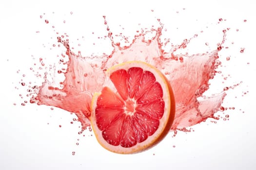 A fresh grapefruit slice with a dynamic splash of juice against a white background, capturing a moment of freshness.