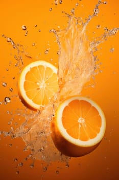 Halved oranges with a dynamic splash of juice against a bright orange background, evoking freshness and vitality.