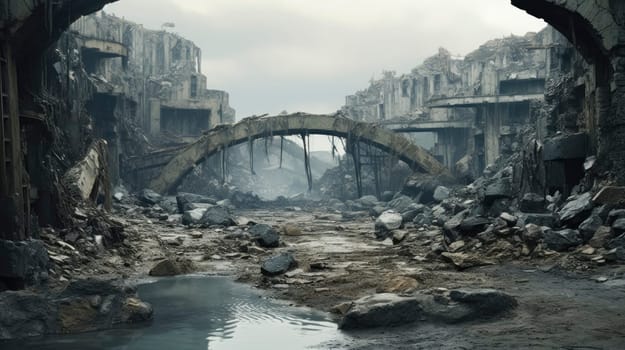 A desolate landscape of devastated urban ruins, with a broken bridge and scattered debris.