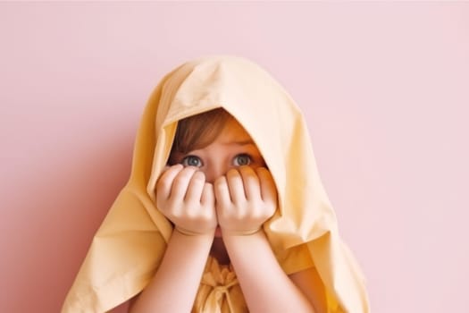 Portrait Little scared or crying or playing bo-peep girl hiding face.