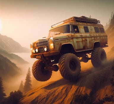 rusty dirt offroad 4x4 lifted vintage custom camper conversion jeep overlanding in mountain roads, nomadic lifestyle, adventure living, ai generated