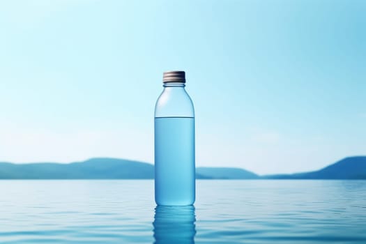 Water bottle aesthetic scenery blue background ultra realistic.