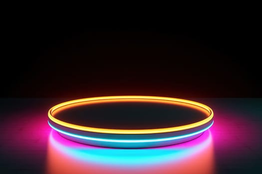 illustration of 3d rendering abstract podium neon circle tunneling lights for ecommerce signs retail.