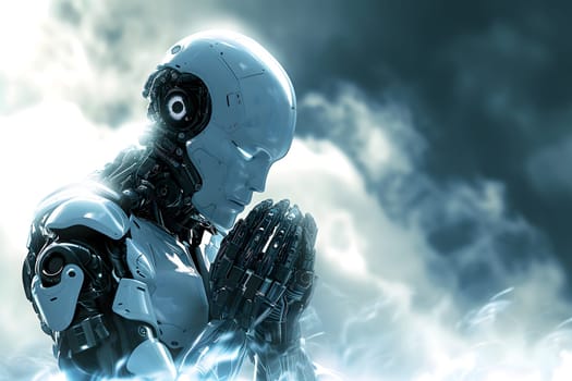 white android praying on the sky cloud background, AI god concept