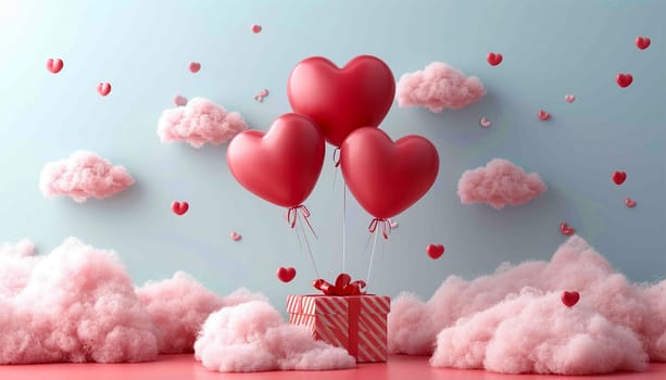 Valentine's day design. Realistic 3d pink gifts box in the clouds. Holiday banner, web poster, flyer, stylish brochure, greeting card, cover. Romantic background pastel background Copy space Happy Valentine's Day pastel