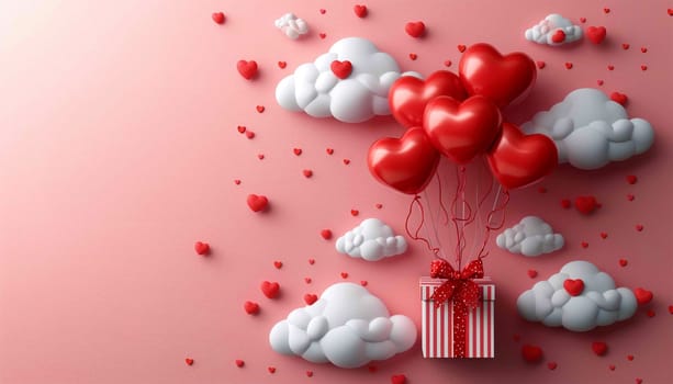 Valentine's day design. Realistic 3d pink gifts box in the clouds. Holiday banner, web poster, flyer, stylish brochure, greeting card, cover. Romantic background pastel background Copy space Happy Valentine's Day pastel