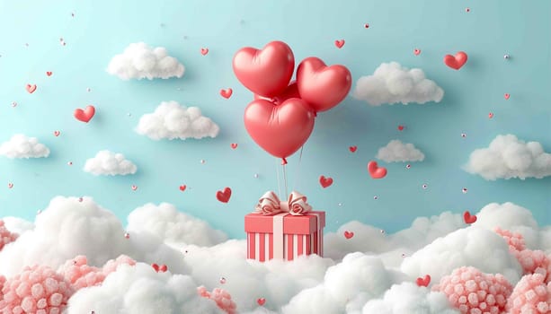 Valentine's day design. Realistic 3d pink gifts box in the clouds. Holiday banner, web poster, flyer, stylish brochure, greeting card, cover. Romantic background pastel background Copy space Happy Valentine's Day pastel