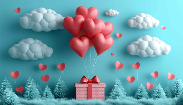 Valentine's day design. Realistic 3d pink gifts box in the clouds. Holiday banner, web poster, flyer, stylish brochure, greeting card, cover. Romantic background pastel background Copy space Happy Valentine's Day pastel