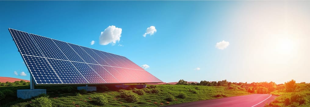 Solar power station with solar panels for producing electric power energy by green power. Technology and electrical industrial power plant concept. 3D illustration rendering blue sky